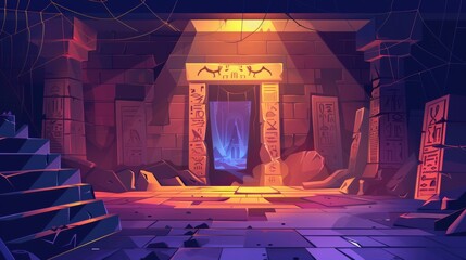A pyramid inside an abandoned Egyptian temple with stone brick walls, hieroglyphs and a spiderweb, cartoon illustration of an ancient Egyptian temple.