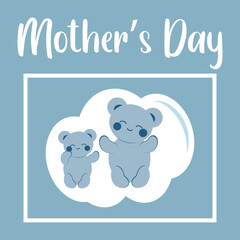 Cute cheerful blue bear in kawaii style with his mother. Minimalistic card with an inscription. Sticker. Concept of love, family, Mother's Day.