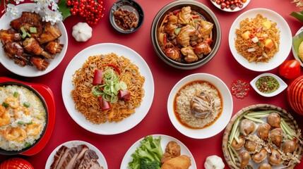 Fototapeta na wymiar Chinese dishes are shown on a red table in an auspicious manner. A pre-order meal service is available now, and stock is limited.