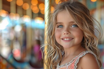 Portrait of a happy young girl with blonde hair at a carousel, smiling and joyful