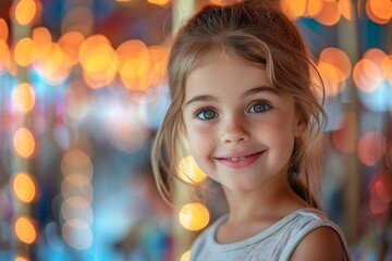 Cute little girl with curly hair smiling with sparkling bokeh background creating a magical mood