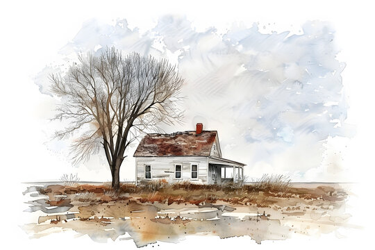 Watercolor painting of white house with tree in front, against blue sky