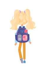 Kid with school backpack back view vector illustration. Girl going to kindergarten with bag pack. Cartoon smart student character isolated on white background. Back to school, education concept