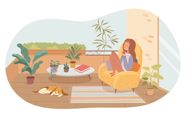 Obraz premium Young woman relaxing on balcony with coffee. Girl enjoying tea sitting at green terrace, home garden with house plants. Happy female person resting on rooftop with mug of hot drink. Summer interior