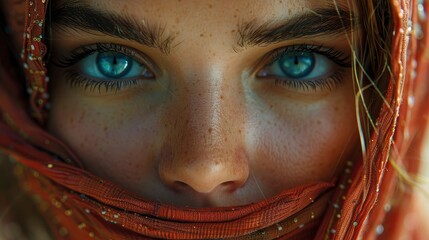 Close-up of a woman with an air of mystery, her gaze veiled and enigmatic The image is taken in 16k, realistic, full ultra HD, high resolution, and cinematic photography