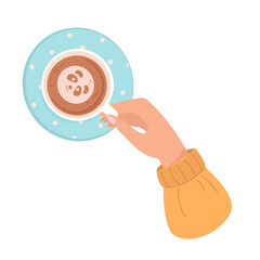 Woman hand holding ceramic cup with coffee. View of mug and saucer from above. Animal is painted on foam from coffee. Hot drink for breakfast, break, winter evening. Cartoon vector illustration