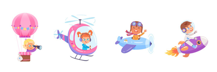 Cute kids air transport set vector illustration. Cartoon driving children isolated on white background. Boys and girls going by plane, helicopter, rocket, aerostat. Aero transportation, travel time