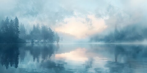 Obraz na płótnie Canvas Serene Misty Lake at Dawn with Soft Sunrise Hues Painting the Sky and Reflecting in the Water