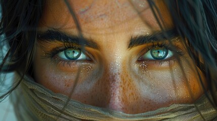 Close-up of a woman with an air of mystery, her gaze veiled and enigmatic The image is taken in 16k, realistic, full ultra HD, high resolution, and cinematic photography