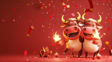 Chinese zodiac sign ox. Three cattle lighting a firecracker and falling confetti. Translation: Happy Chinese New Year.