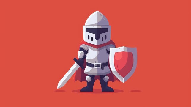 The cute cartoon knight with helmet is isolated on a white background. A fantasy small cavalier is dressed in an armor suit with a sword, shield, and peak. Modern illustration in contemporary style.