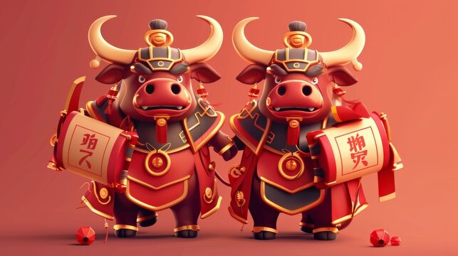 Chinese ancient armored bulls holding scrolls. 2021 CNY banner; concept of Chinese door gods. Translation: Spring, Happy Lunar New Year.