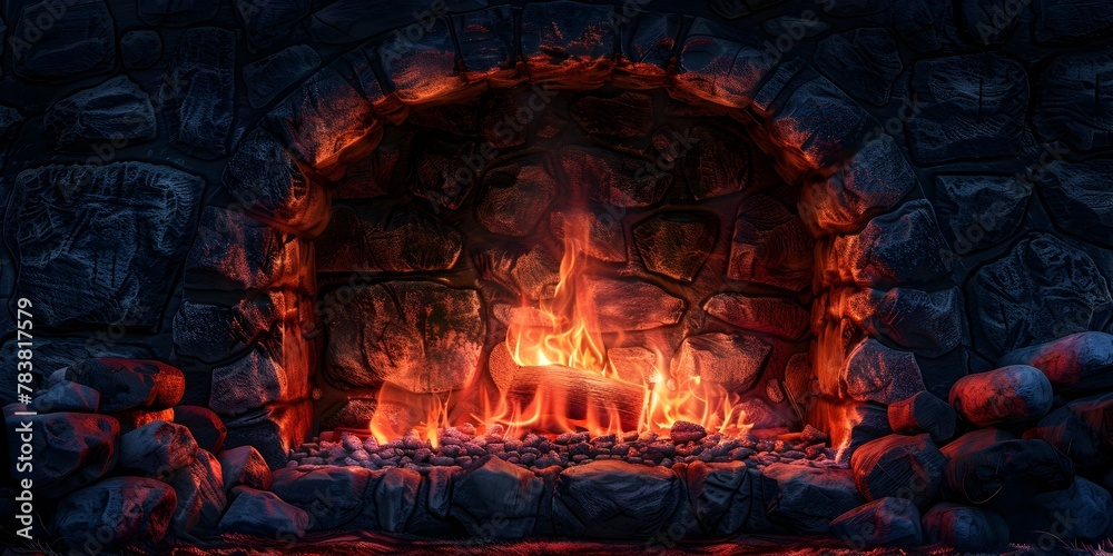 Poster Warm and Cozy Fireplace in an Old Stone Hearth with Glowing Embers and Atmospheric Shadows