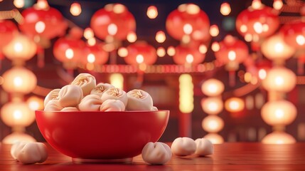 Obraz na płótnie Canvas A sweet dumpling is served in a red porcelain bowl with a night lantern scene background. 3D illustration of traditional Yuanxiao food. Translation: Lantern festival.