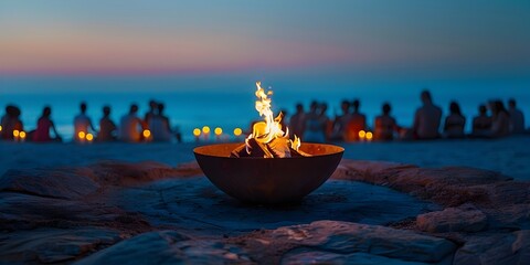 Ceremonial Fire Pit Illuminating Ancient Faces Against a Gradient from Earth Tones to Night Sky Blue