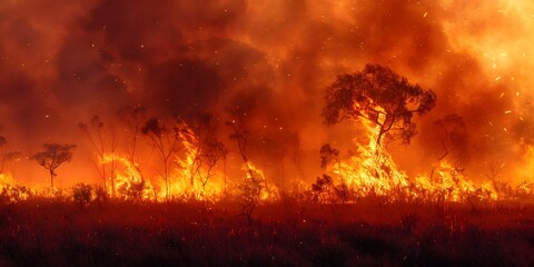 Fototapeta na wymiar Raging Wildfire Captured as a Spectacle of Nature s Untamed Power and Destruction