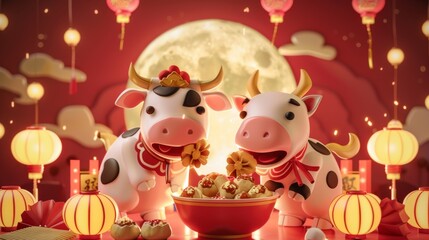 Naklejka premium 3D cartoon of a cute cow eating delicious sweet dumplings under a full moon in 2021. Translation: Happy lantern festival!