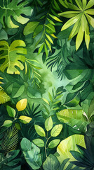 Fototapeta na wymiar Gentle watercolor painting of a Brazilian rainforest inspired pattern, vibrant greens and dynamic shapes,