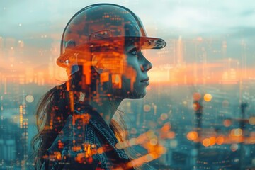 In this composite image, a cybernetic woman is layered over a nightscape of a city, creating a surreal visual juxtaposition
