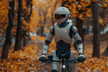 A futuristic humanoid robot adorned in a white suit rides a bicycle through an autumn park