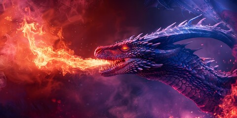 Mighty Dragon Unleashing Fiery Breath Against Fantastical Gradient Backdrop - obrazy, fototapety, plakaty