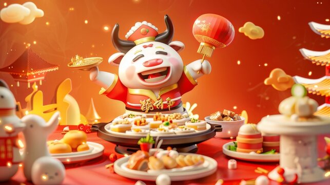 Chinese chef presenting tasty dishes on round table. New Year restaurant promotion poster. Translation: Order dishes now, Limited edition, Chef's recommendation.