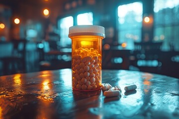 A prescription pill bottle filled with medication capsules spills out on a wooden table with a moody cafe background - obrazy, fototapety, plakaty