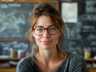 A female teacher with beautiful eyes and a messy bun stands in front of a blackboard.