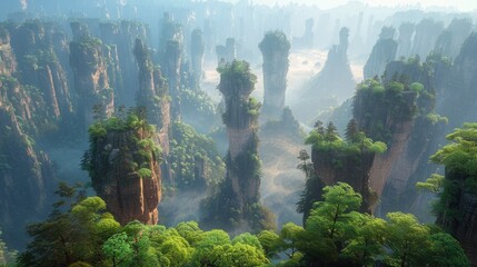 Majestic Mountainous Landscape of Zhangjiajie National Park in China with Towering Sandstone Pillars Shrouded in Misty Fog