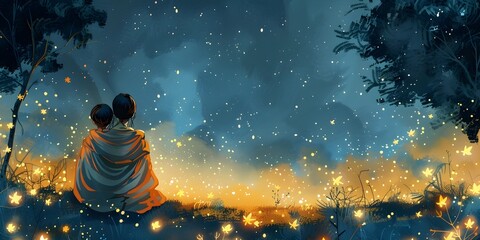 Mother and Child Sharing a Blanket Gazing at the Starry Night Sky in Their Backyard Dreaming Together in the Quiet Calm