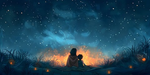 A Mother and Child Watching the Starry Night Sky from Their Backyard Bonding under a Cozy Blanket as They Dream Together in the Peaceful Atmosphere - obrazy, fototapety, plakaty
