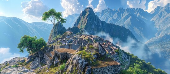 Majestic Ruins of Machu Picchu Nestled in the Stunning Andes Mountains of Peru a Captivating Destination for Adventurous Explorers - obrazy, fototapety, plakaty