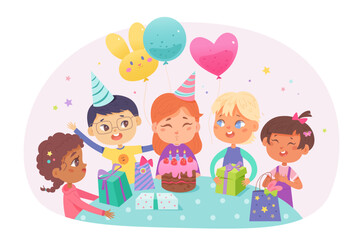 Child birthday party. Happy girls and boys celebrating birthday. Children holding gift boxes. Kids cartoon characters in b-day hats with colorful balloons and cake with candles