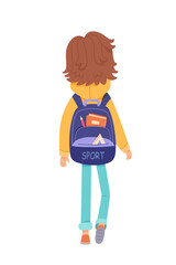 Kid with school backpack back view vector illustration. Boy or girl going to kindergarten with bag pack. Cartoon smart student character isolated on white background. Back to school, education concept