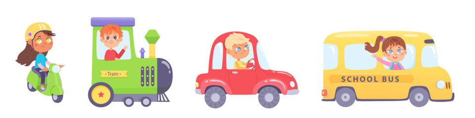 Cute kids ground transport set vector illustration. Cartoon driving children isolated on white background. Boys and girls going by car, scooter, train, school bus. City transportation infrastructure - obrazy, fototapety, plakaty
