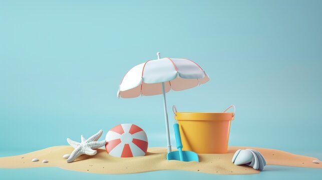 A set of 3D summer beach objects includes an umbrella, bucket with shovel, and seashell.