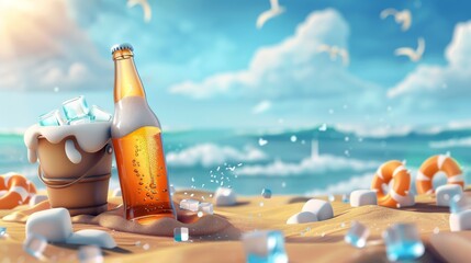 3D wheat beer banner. Illustration of a beer glass lying on the edge of the coast with a bucket of ice cubes at the side on a beach sand background.