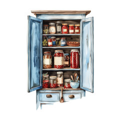 cupboard buffet with homemade canned food and jam, vintage kitchen, shelves with jars, clipart illustration on a transparent background