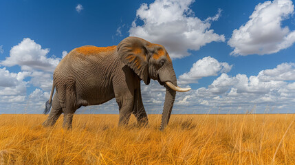 Fototapeta premium An elephant stands in a field of tall grass, surrounded by a cloudy blue sky dotted with white, puffy clouds