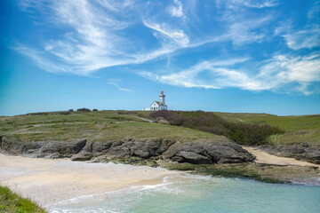 Belle-Ile in Brittany, the lighthouse of the Pointe des Poulains, typical seascape

