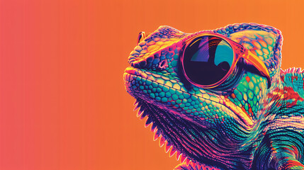 Chameleon wearing sunglasses on a solid colour - obrazy, fototapety, plakaty