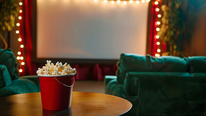 Popcorn bucket in cinema background.