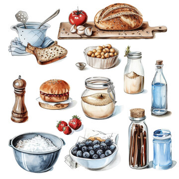 set of illustrations on the theme of cooking, ingredients for cooking and baking, jars, bottles, bread, kitchen utensils, vintage aesthetic, clipart illustration on a transparent background