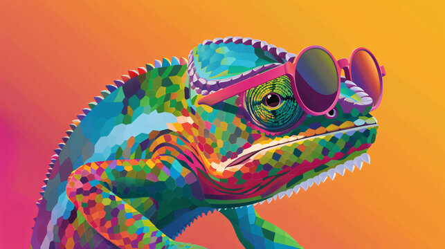 Chameleon wearing sunglasses on a solid colour