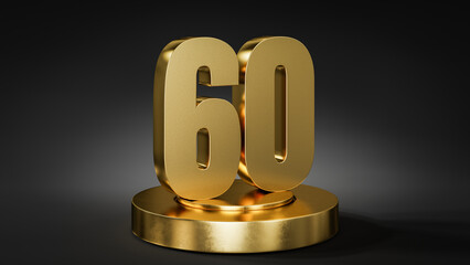The number 60 on a pedestal / podium in golden color in front of dark background with spot light.