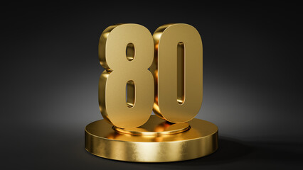 The number 80 on a pedestal / podium in golden color in front of dark background with spot light.