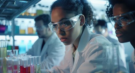 A beautiful female scientist works in a lab with a team of scientists, holding a test tube and pouring liquid into a cell culture tank for advanced research and development. - obrazy, fototapety, plakaty