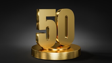 The number 50 on a pedestal / podium in golden color in front of dark background with spot light.