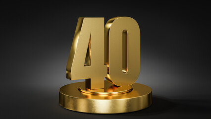 The number 40 on a pedestal / podium in golden color in front of dark background with spot light.