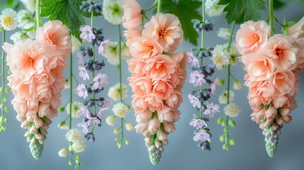   A line of pink and white flowers hangs from a green plant, each bloom bearing more flowers in shades of pink and white